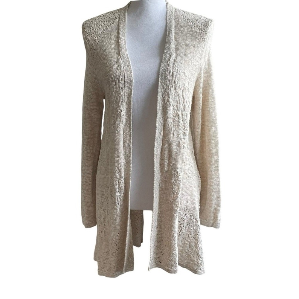 Style & Co Women Boho Cottage Coastal Cardigan M Beige Pointelle Knit Longline‎